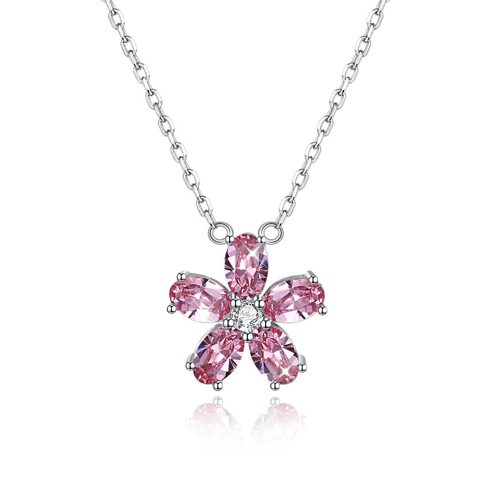 5 Pedal Flower Sterling Silver Necklace with  Crystals